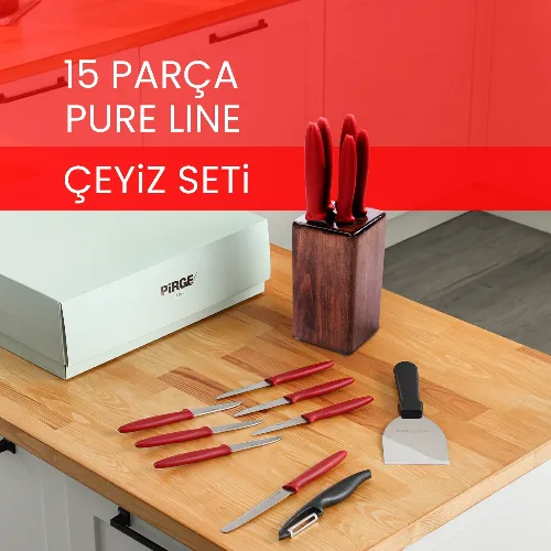 Pirge Çeyizlik Bıçak Seti Pure Line Kare Blok - 15 Parça