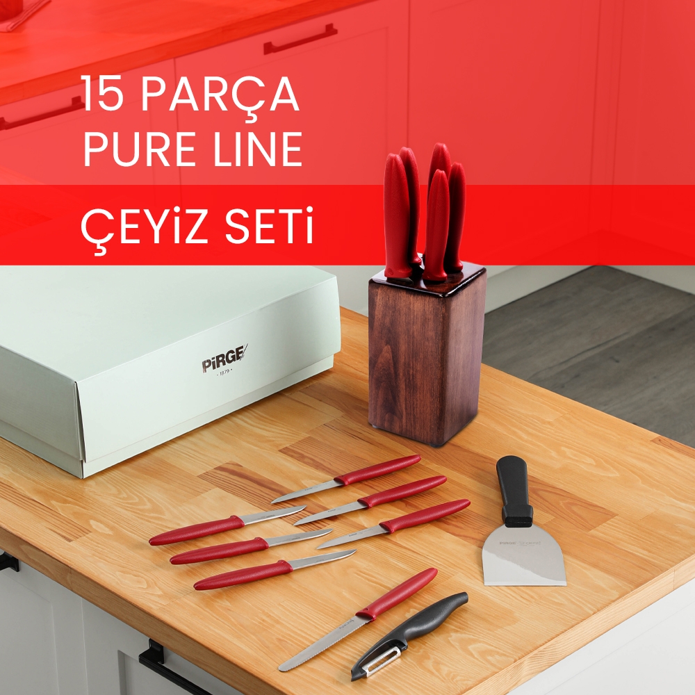 Pirge Çeyizlik Bıçak Seti Pure Line Kare Blok - 15 Parça